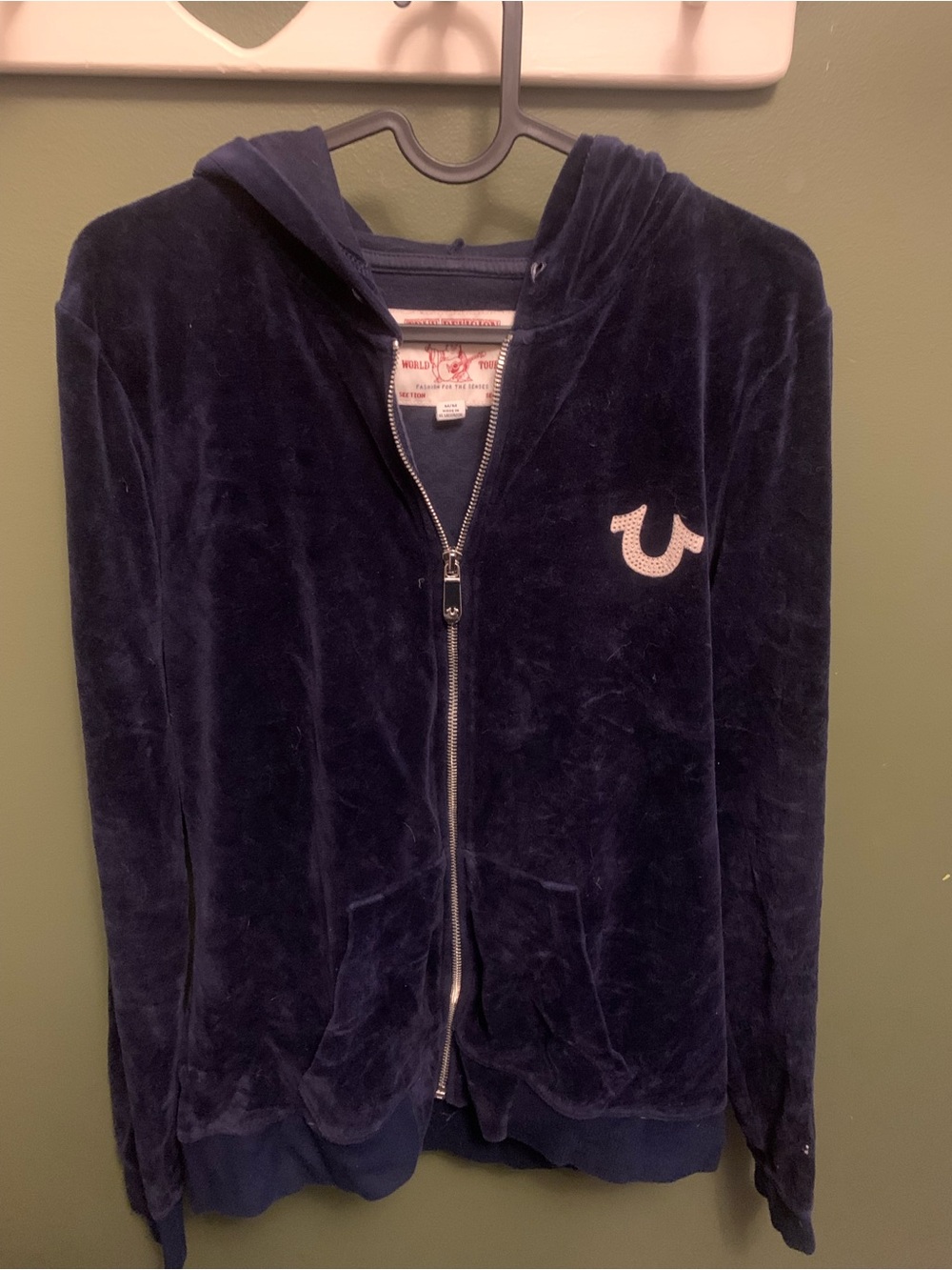True Religion Navy Velour Zip Hoodie with Logo